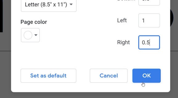 Confirming Margin Changes by Clicking OK in Page Setup