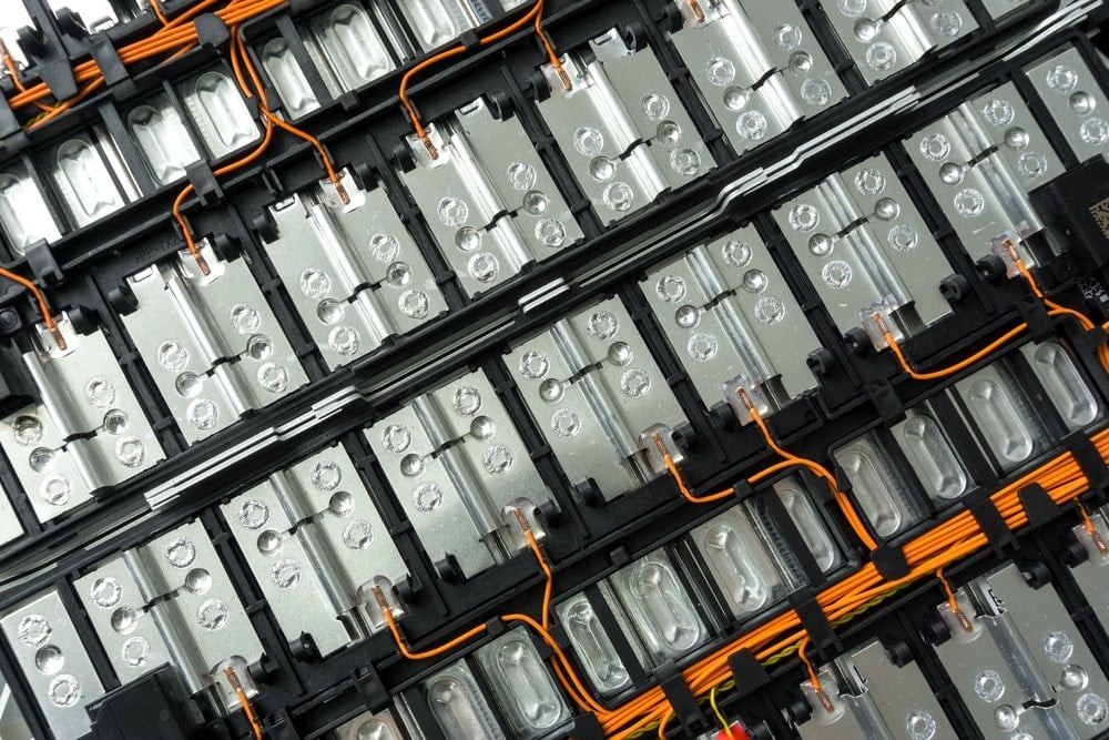 Tesla battery pack showing cell arrangement and cooling system.