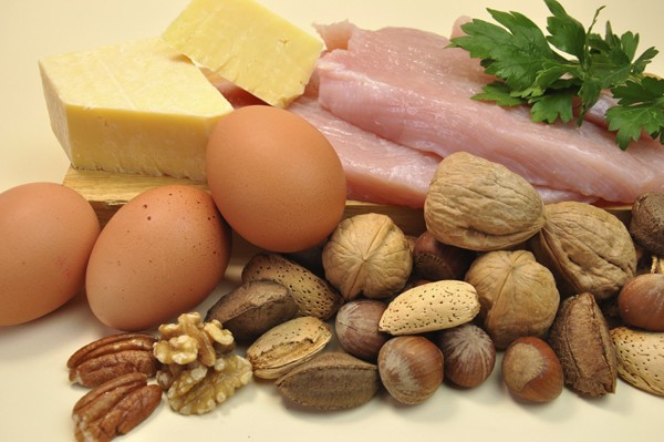 Photo of an assortment of high-protein foods including cheese, eggs, fish, nuts
