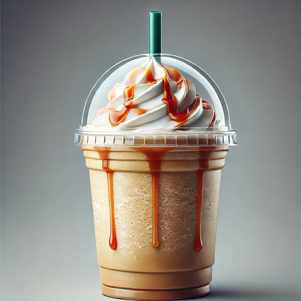 Coffee Frappuccino Blended Beverage in a tall clear plastic cup with a domed lid, topped with whipped cream