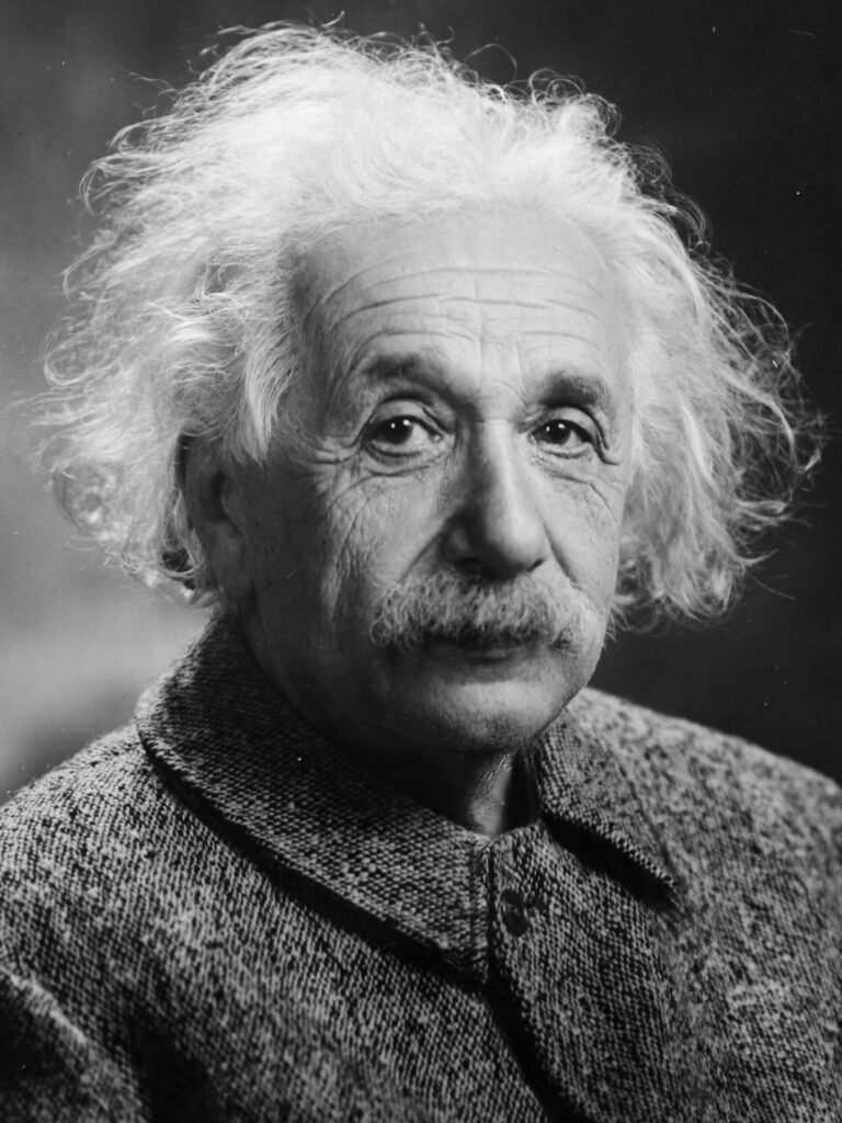 Albert Einstein, symbol of intellectual genius, in a black and white portrait.