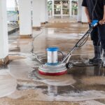 Power washing a wooden deck