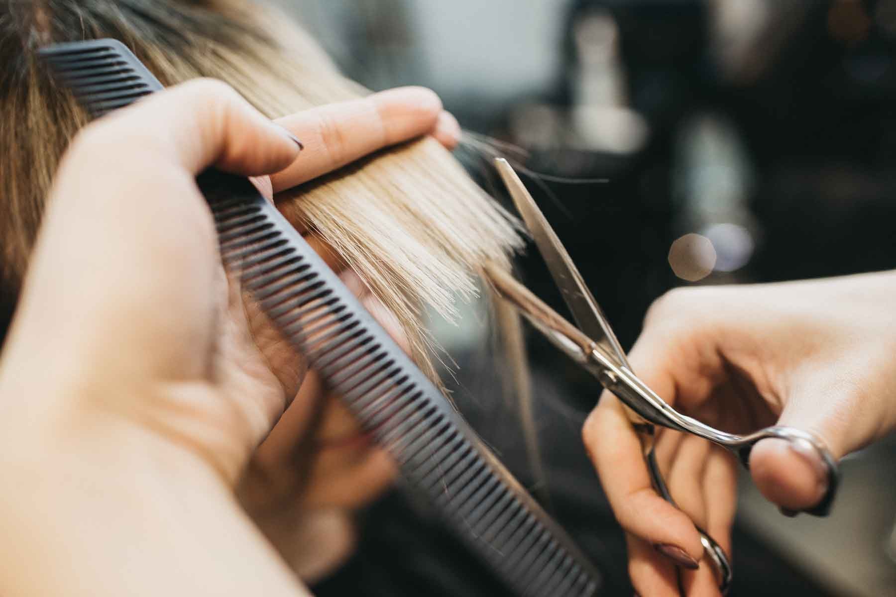 Stylist cutting a woman's hair at a salon