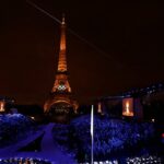 Olympic rings illuminated on the Eiffel Tower during the opening ceremony of 2024 Games in Paris