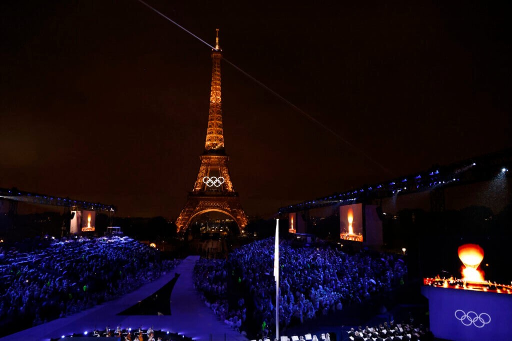 Olympic rings illuminated on the Eiffel Tower during the opening ceremony of 2024 Games in Paris