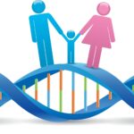 DNA sharing with parents: Illustration of parents and child on DNA strand