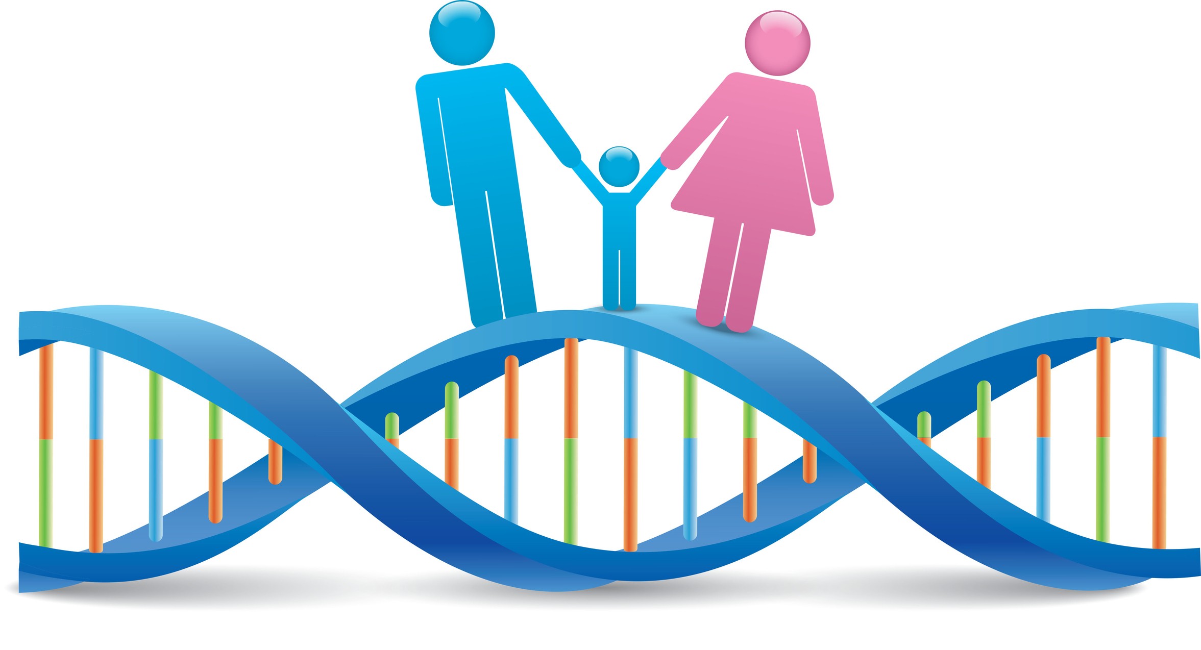 DNA sharing with parents: Illustration of parents and child on DNA strand