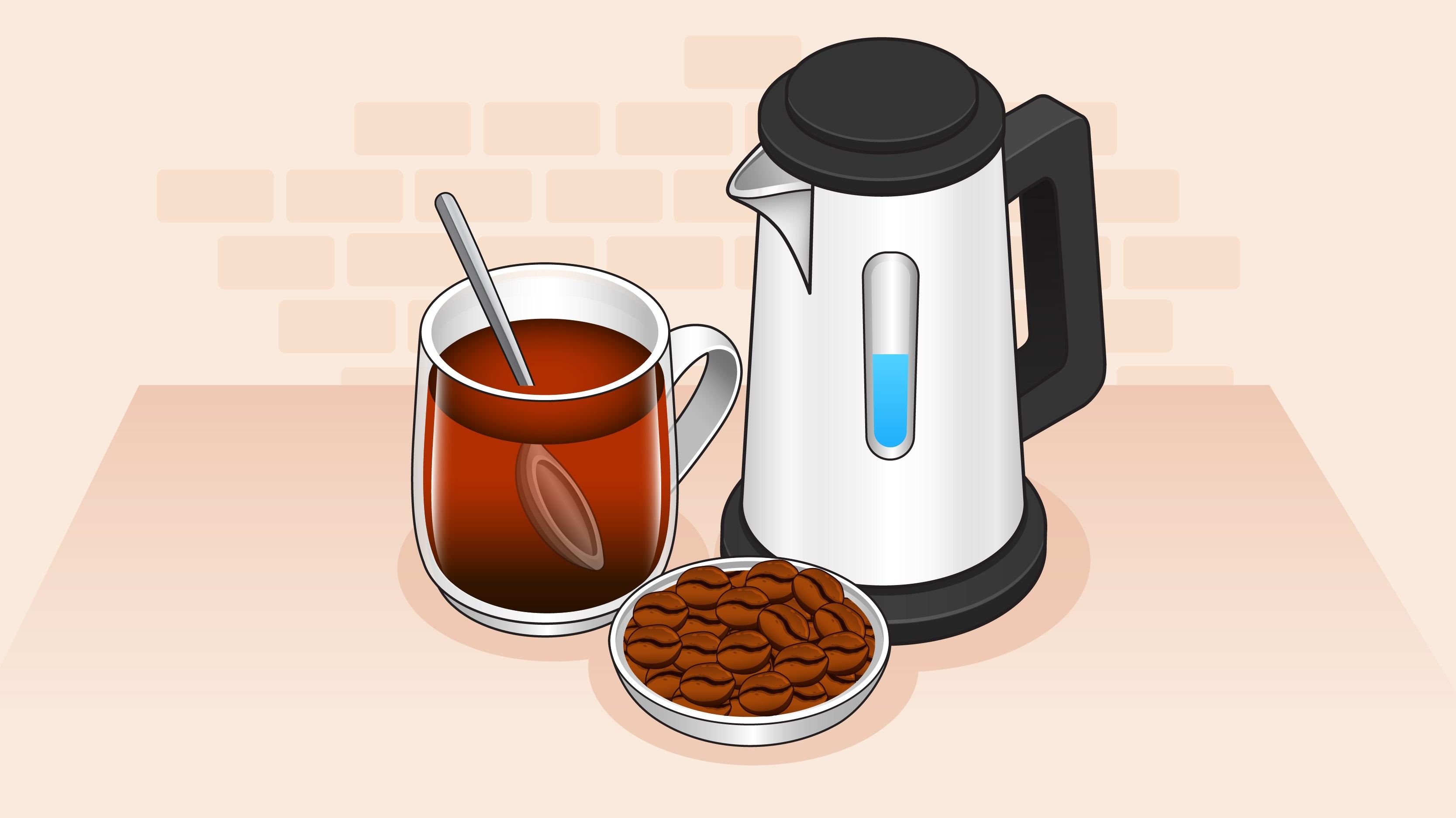 Hot coffee with spoon, coffee beans on a plate, and an electric kettle on a countertop