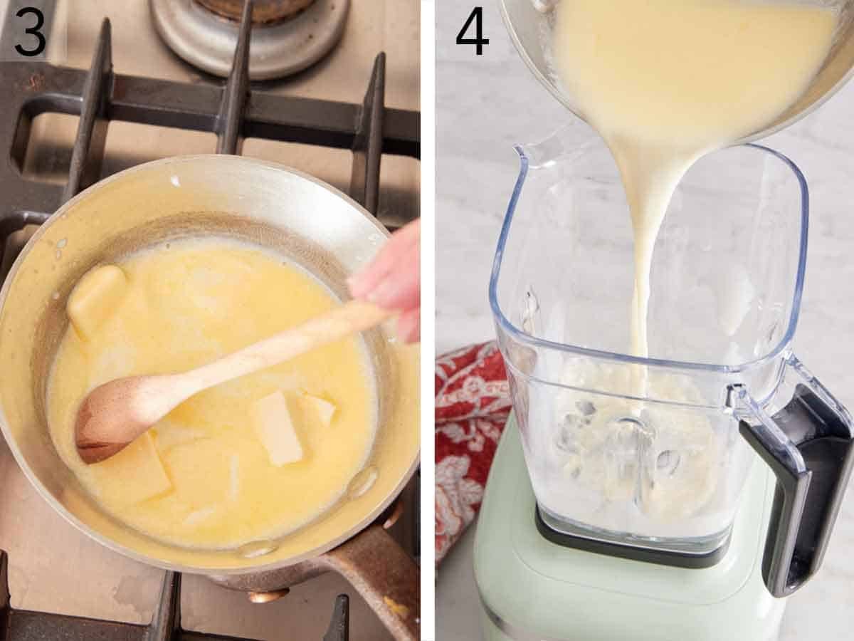 Set of two photos showing milk and butter stirring in a pot and then transferred to a blender