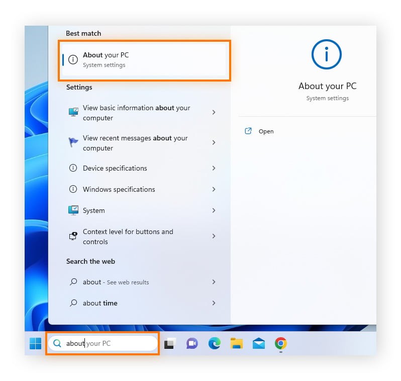 To find how much RAM you have in Windows 11, type About your PC in the search box and open it
