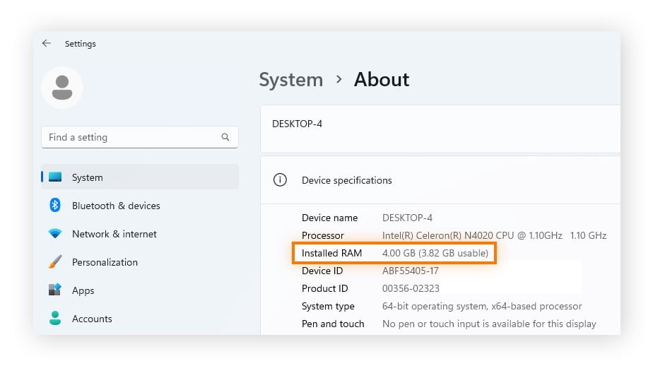 Installed RAM Details are in the Device Specifications section next to Installed RAM