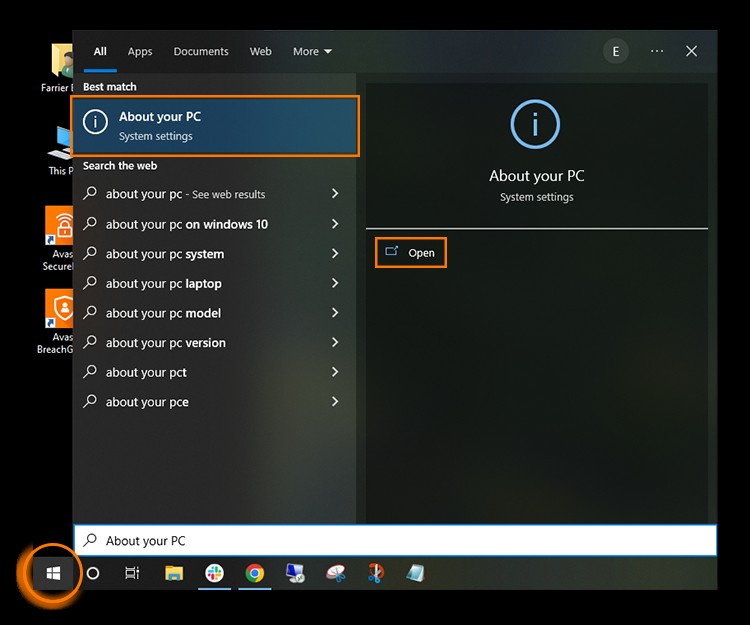 A view of the start menu in Windows 10 with