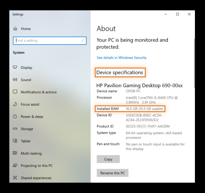 Installed RAM Details are in the Device Specifications section next to Installed RAM