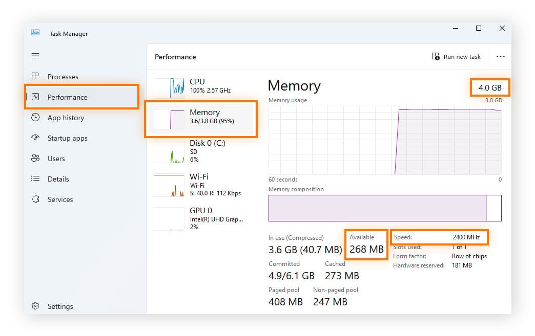 Click Performance, then Memory and your RAM speed and other usage details will be to the right