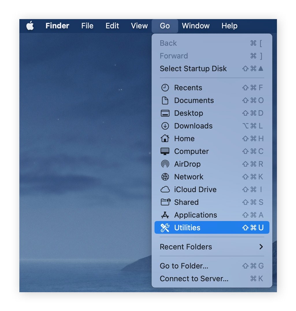macOS Finder showing Go and Utilities options