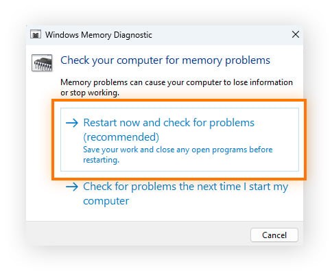 Click Restart now and check for problems