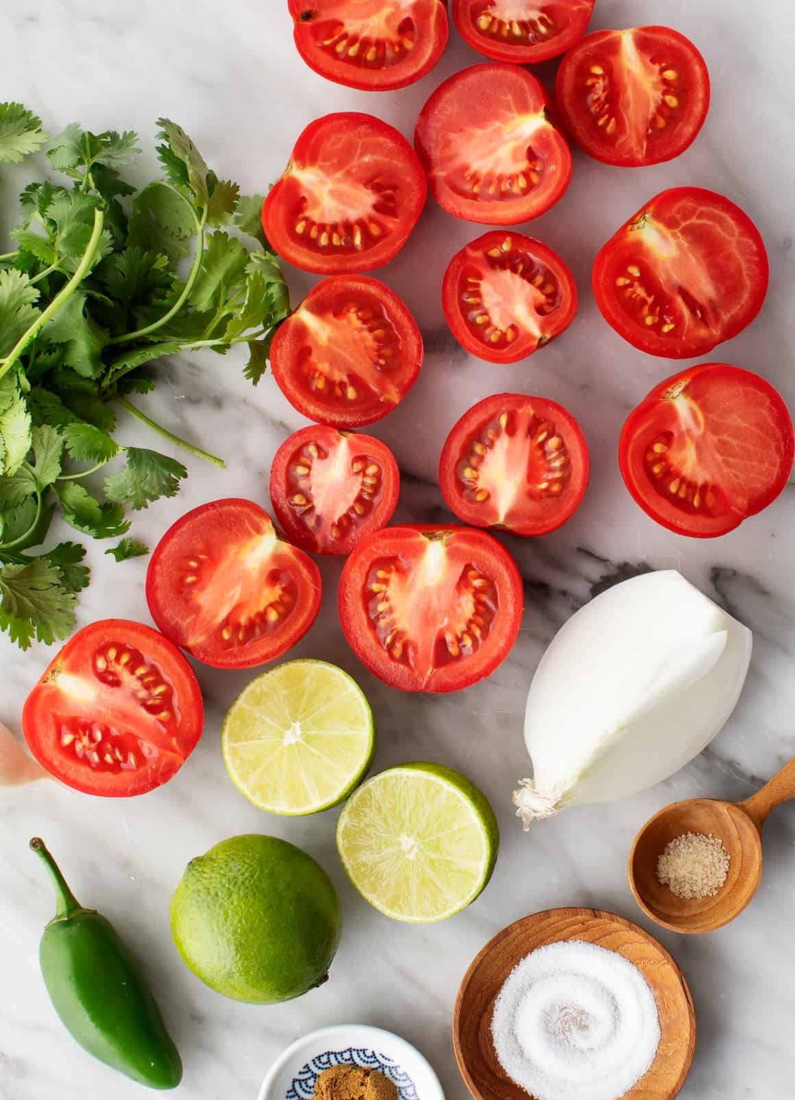 Tomatoes, onion, lime, jalapeño, cilantro, and spices