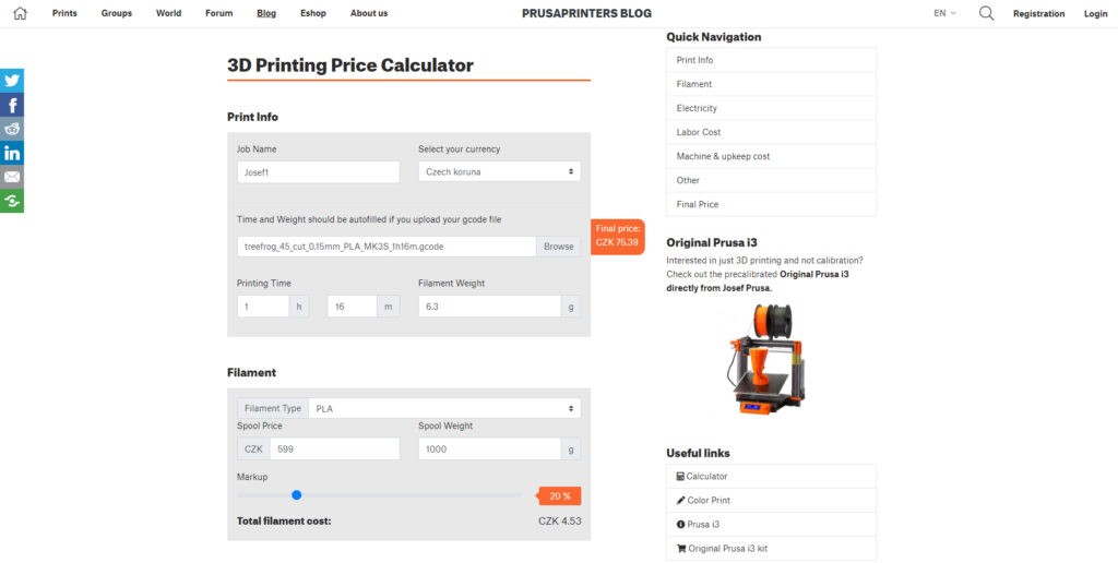 Man calculating 3D printing costs with various 3D printed models around