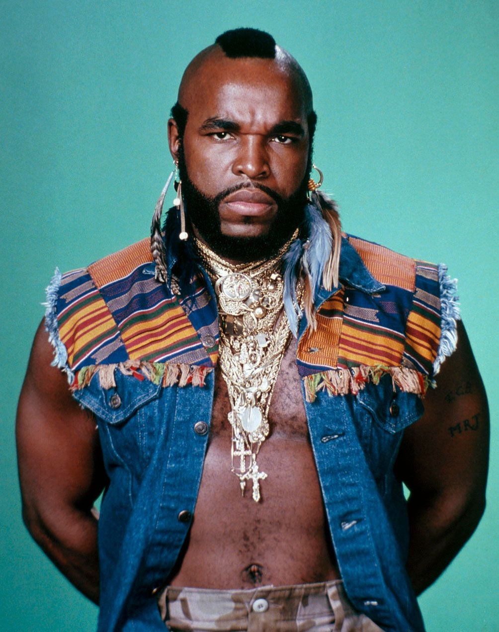 Mr. T as B.A. Baracus in The A-Team publicity promotional photo, showcasing his iconic style and role, alt text Mr. T as B.A. Baracus in The A-Team publicity promotional photo, showcasing his iconic style and role