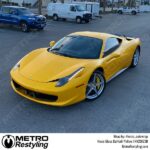 Yellow Ferrari with Hexis Gloss Daffodil Yellow Vinyl wrap, showcasing a vibrant color change