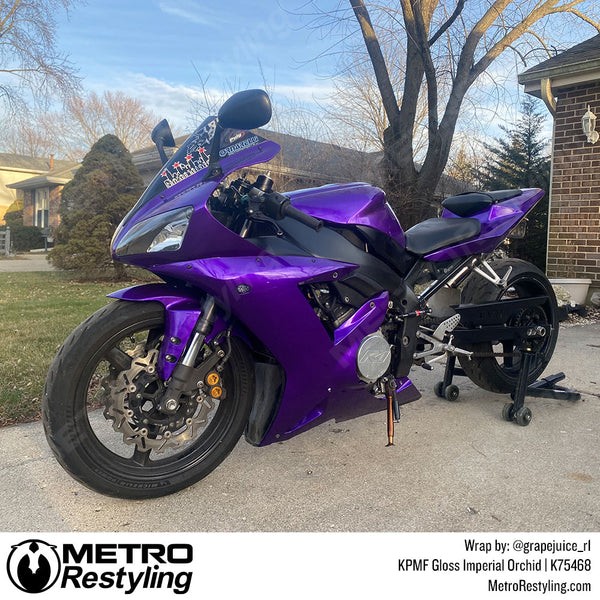 Yamaha R1 Motorcycle wrapped in KPMF Gloss Imperial Orchid Vinyl Wrap, showing a sleek and stylish finish