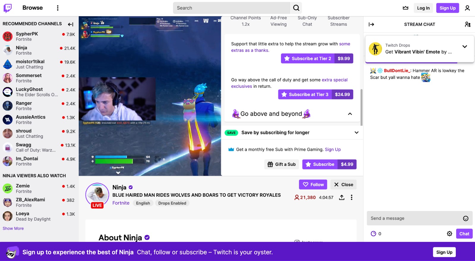 Ninja’s Twitch channel, featuring a list of recommended channels and subscription tiers