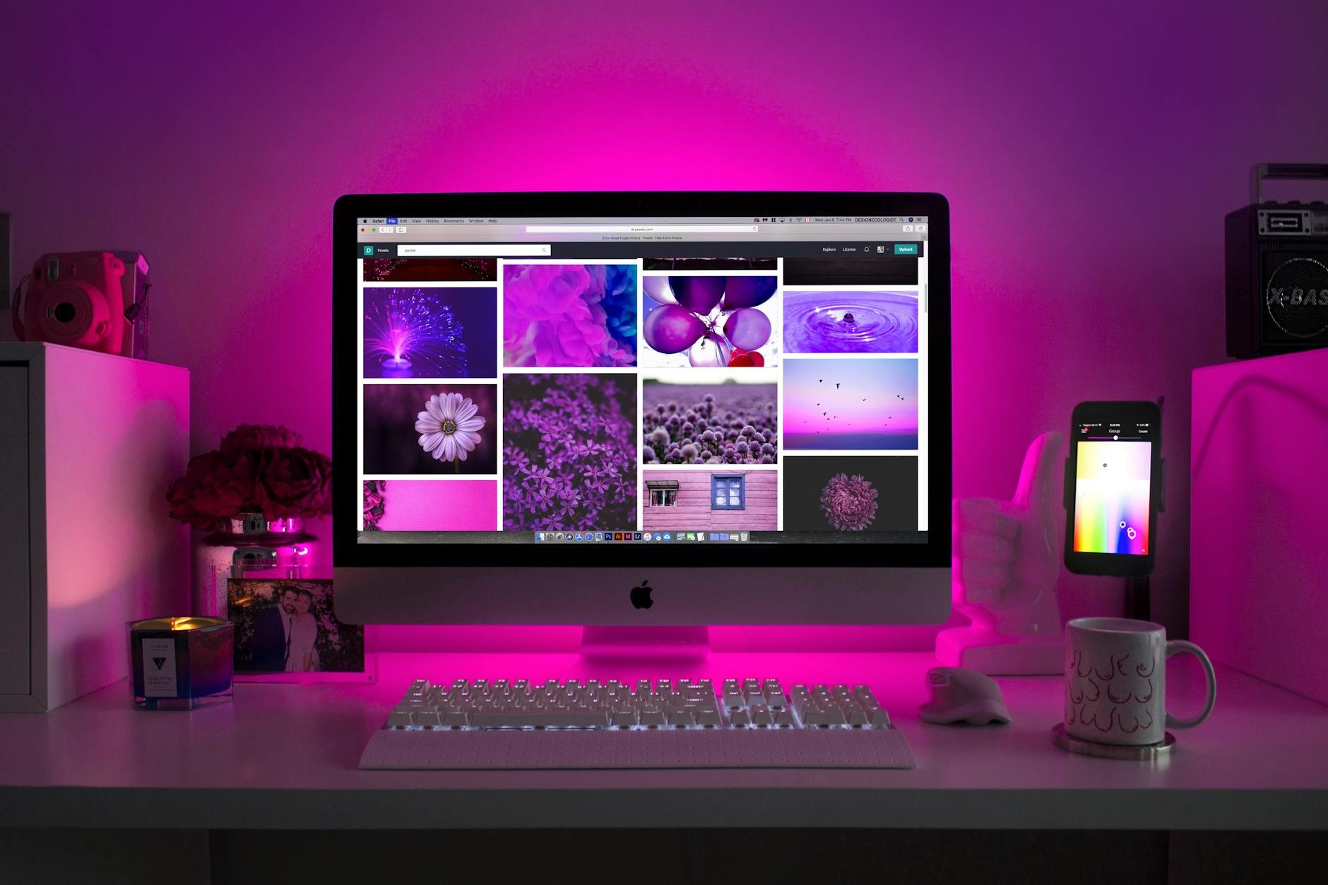 Romantic mood lighting sets the stage for intimate kissing