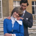 Charles III with his first wife, Lady Diana Spencer, outside Buckingham Palace after announcing their engagement, London, 1981