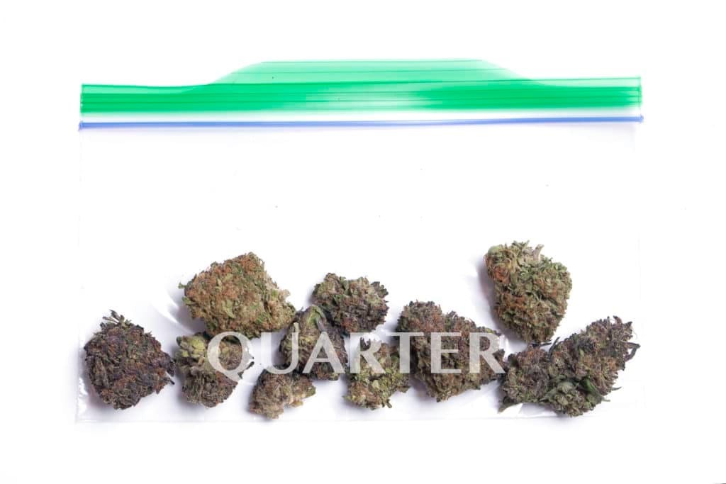 Quarter of marijuana showcasing 7 grams of cannabis, ideal for frequent smokers.