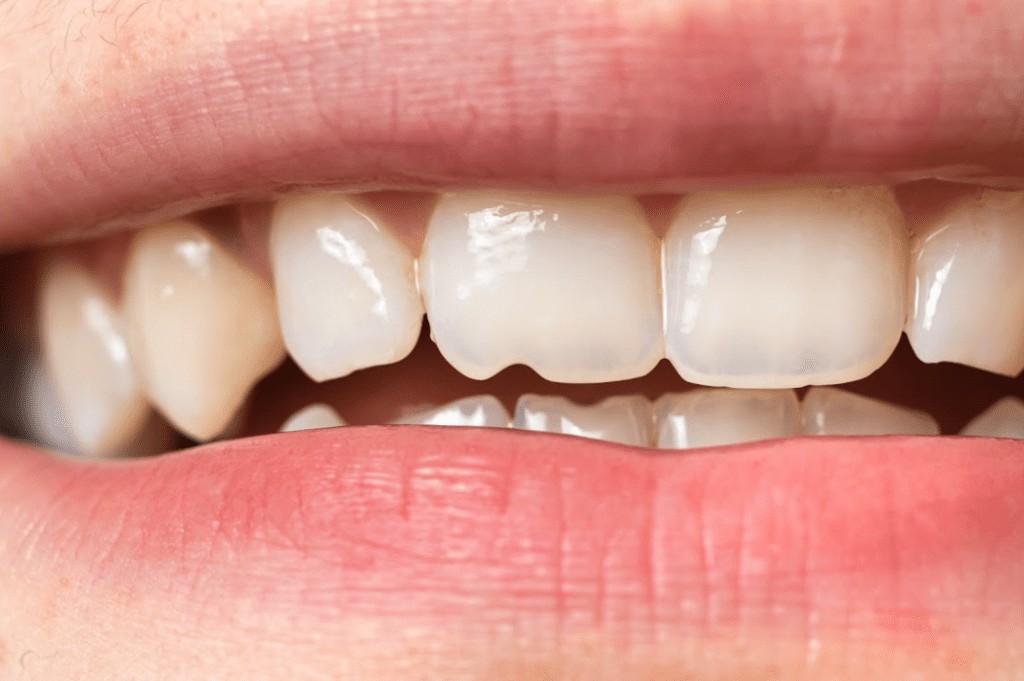 Close-up of a chipped tooth requiring immediate dental care
