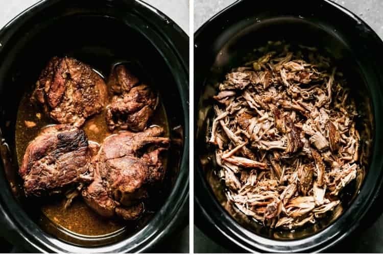 Cooked pulled pork in a slow cooker