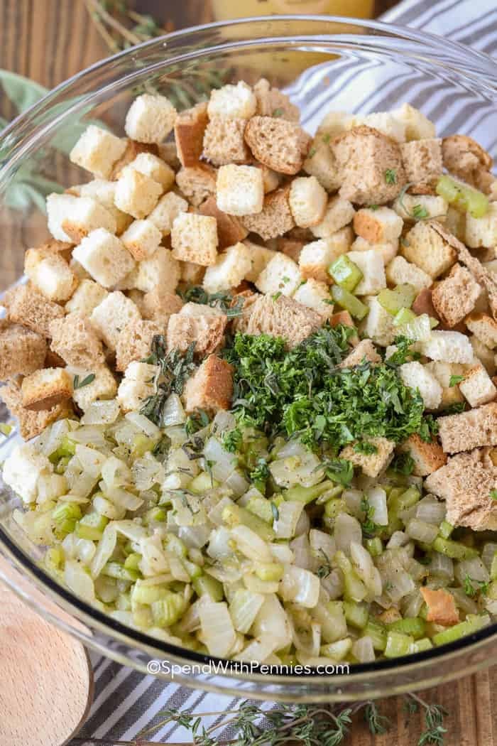 Bowl of raw ingredients for making homemade stuffing.