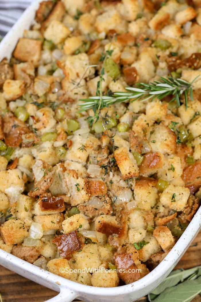 Baked stuffing in a casserole dish.