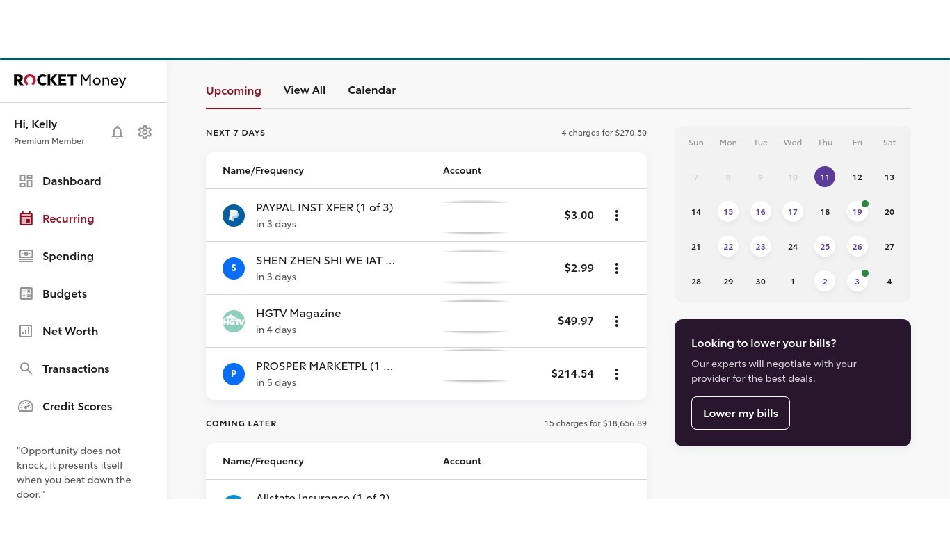 Rocket Money Recurring Tab with Subscriptions