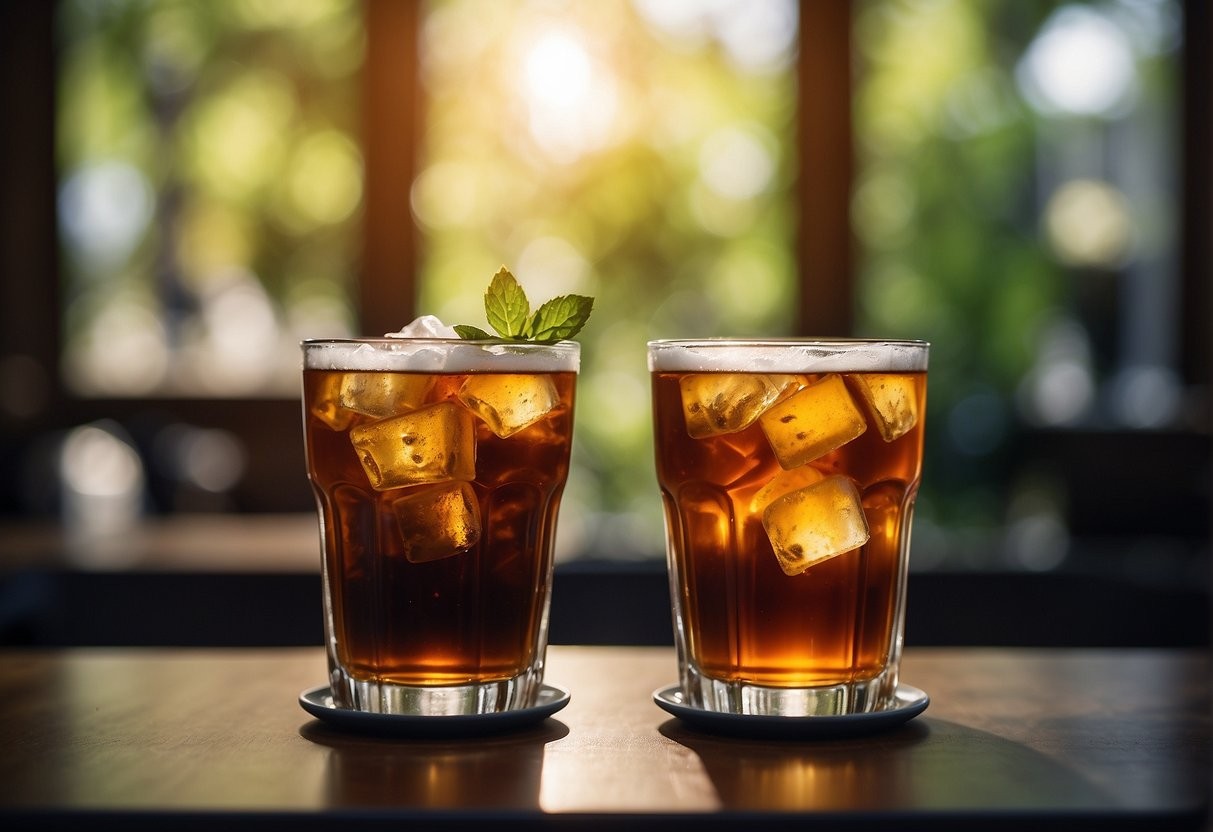 A glass of sweet tea positioned next to other caffeinated drinks, demonstrating varying caffeine levels among them