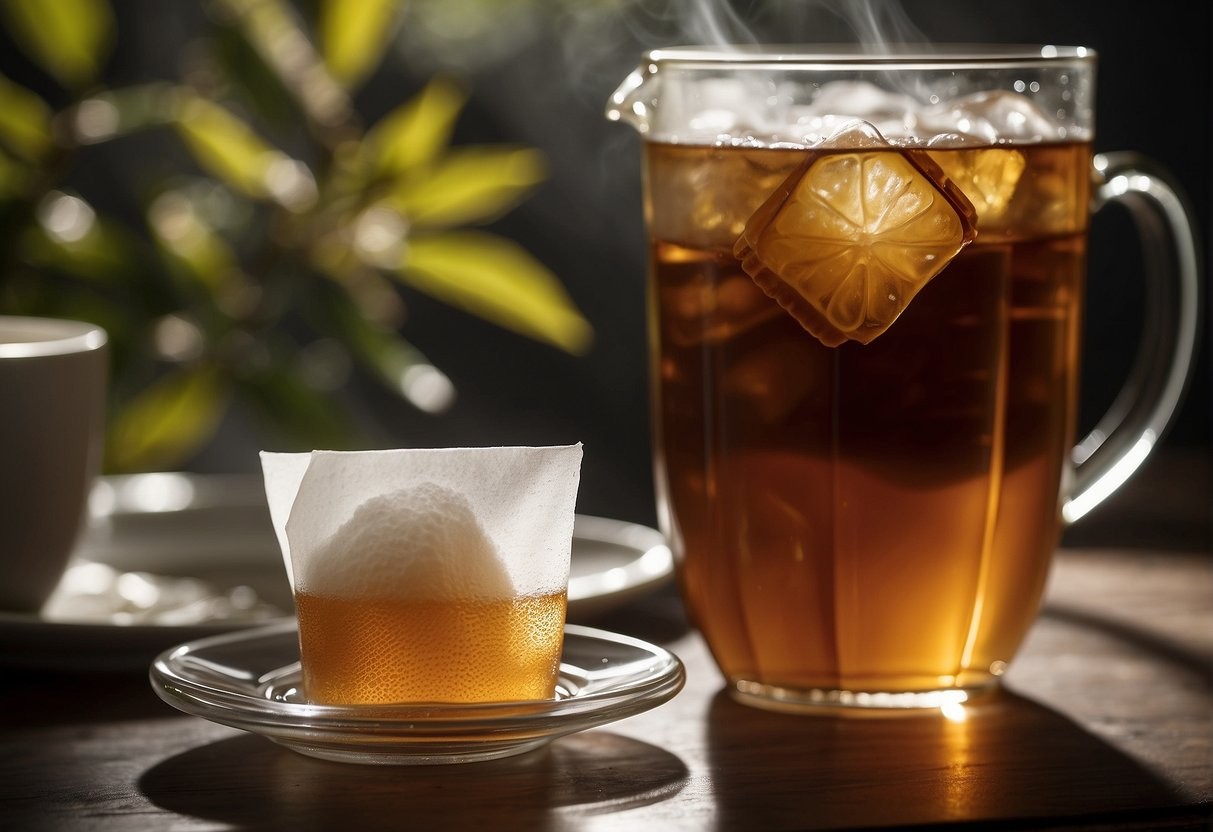 A glass of sweet tea with a tea bag and a sugar packet nearby, steam rising to indicate warmth