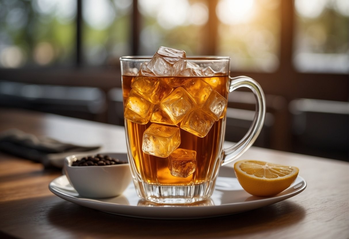 A glass of sweet tea with a caffeine molecule diagram in the background, illustrating its chemical structure