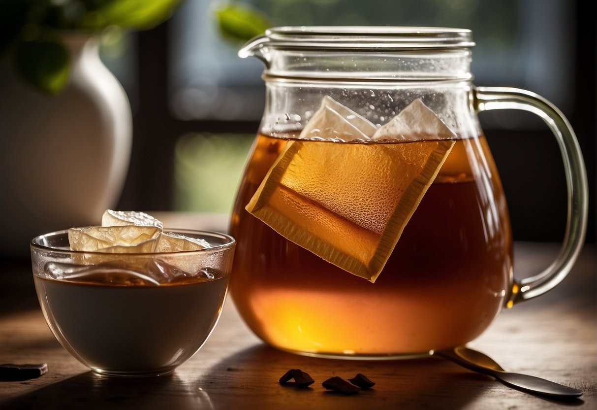 A glass of sweet tea rests on a table, accompanied by decaffeinated tea bags and a measuring spoon, showcasing caffeine-free sweet tea options