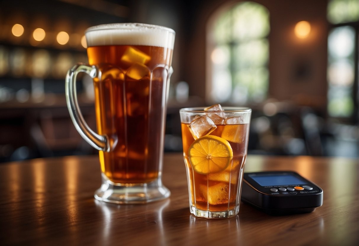 A glass of sweet tea sits on a table with a caffeine meter next to it, displaying the amount of caffeine present in the tea