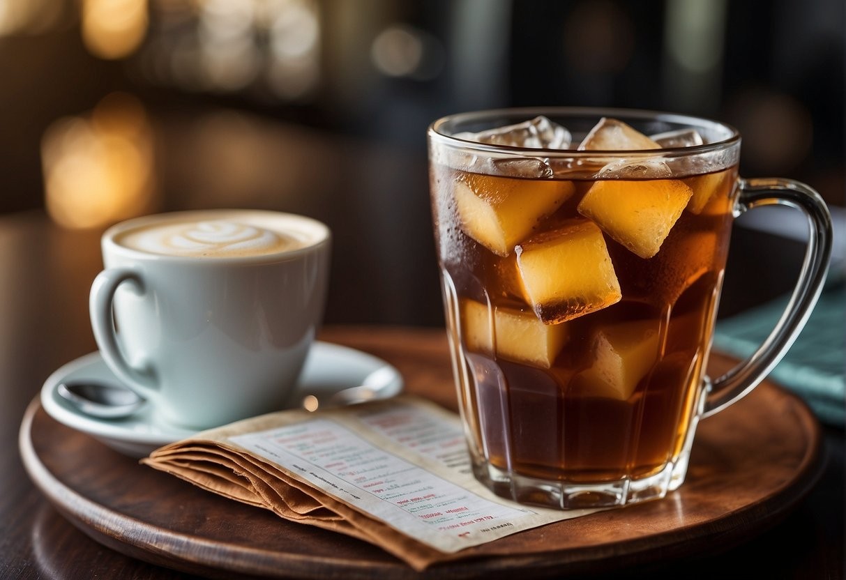 A table setting with a cup of sweet tea, a caffeine content chart, and a list of regulations and guidelines for caffeine consumption
