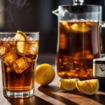 A glass of sweet tea with a caffeine meter displaying high levels, indicating the presence of caffeine