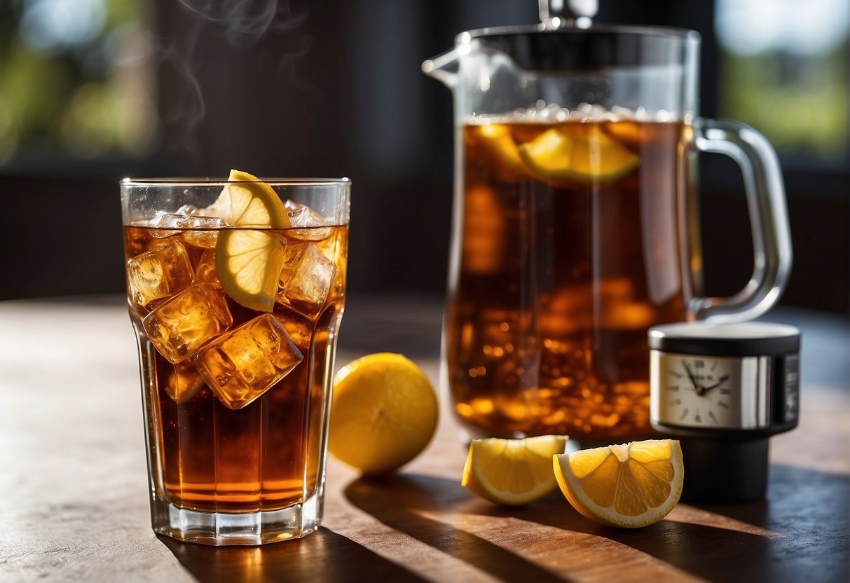 A glass of sweet tea with a caffeine meter displaying high levels, indicating the presence of caffeine