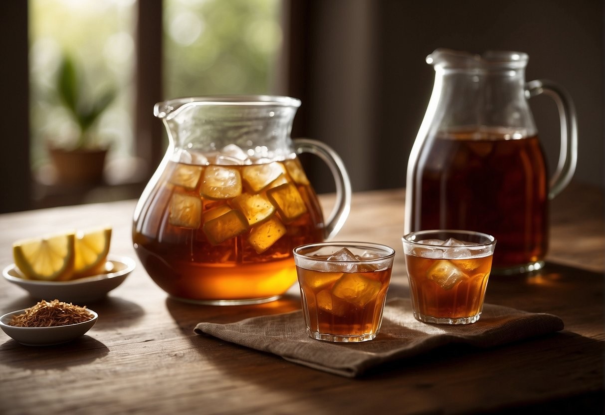 Pouring tea into a glass with ice