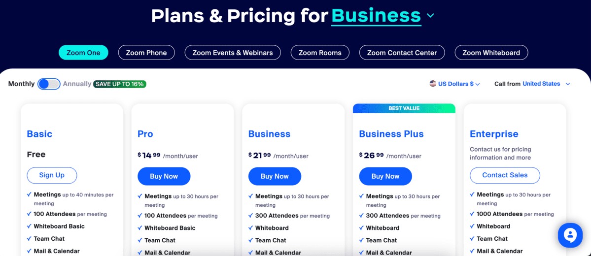 Zoom One pricing plans