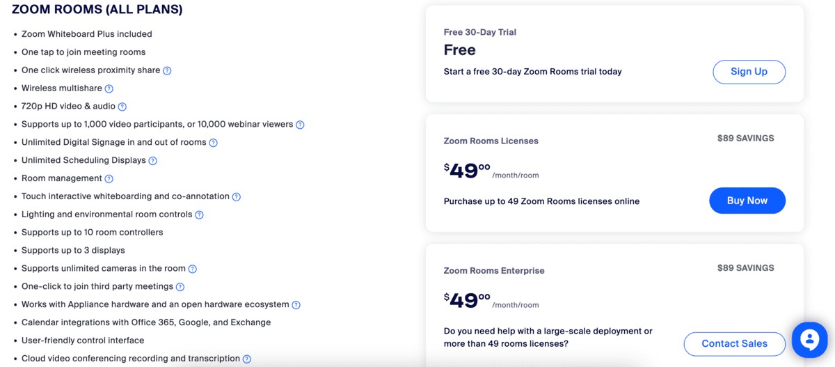 Zoom Rooms plans and features
